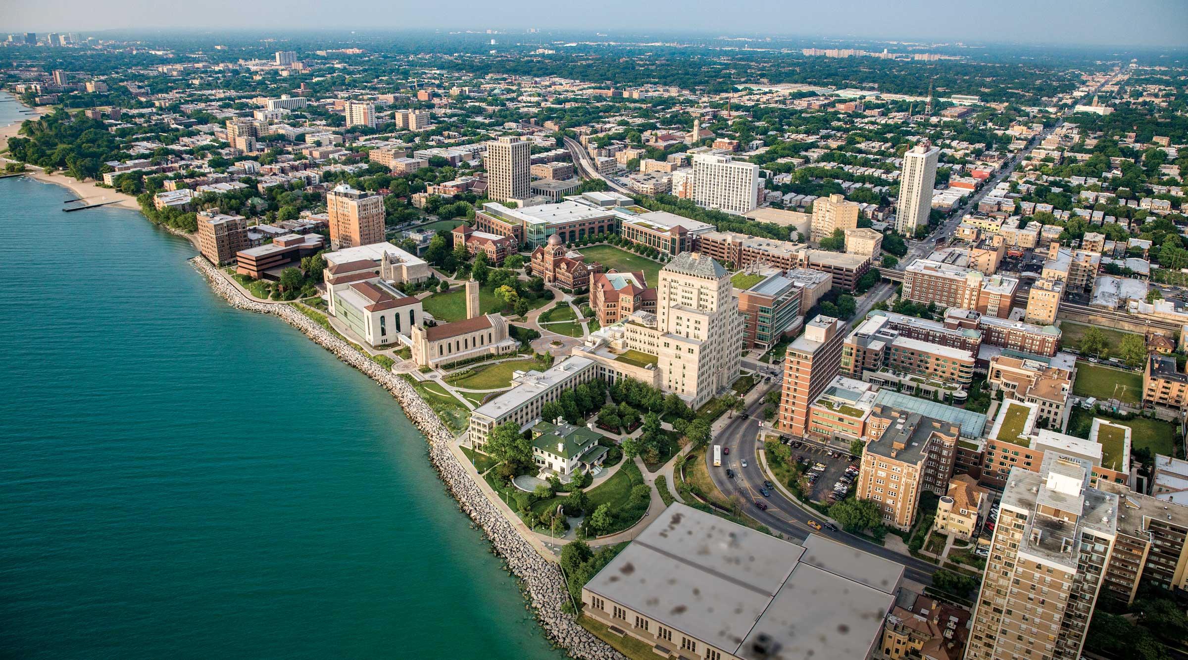 An aerial perspective of Loyola University Chicago's Lake Shore Campus from a southeast vantage point